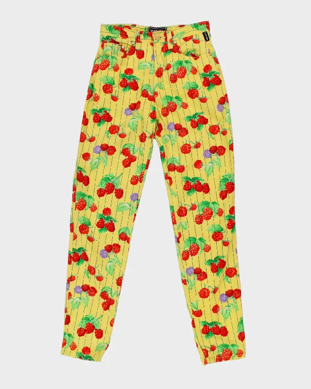 Vintage 90s Versace Jeans Couture Yellow Raspberry Print Trousers - W28 Trousers New Arrival
