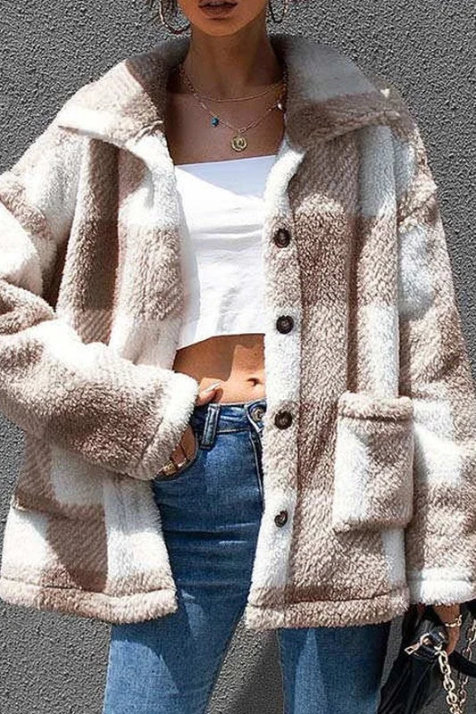 PLAID FAUX FUR COAT SHACKETS Hooded Jacket Zipper Jacket Button Jacket