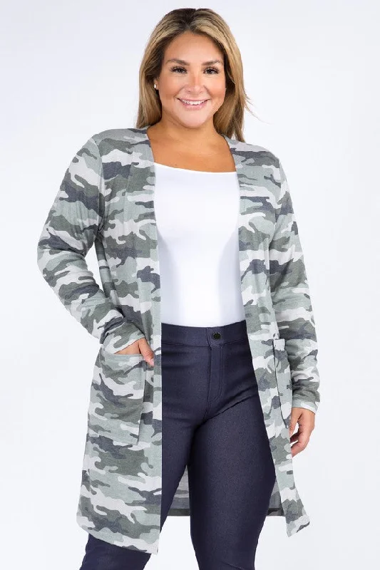 Plus Size Camouflage Cardigan with Pockets Glossy Satin Silk