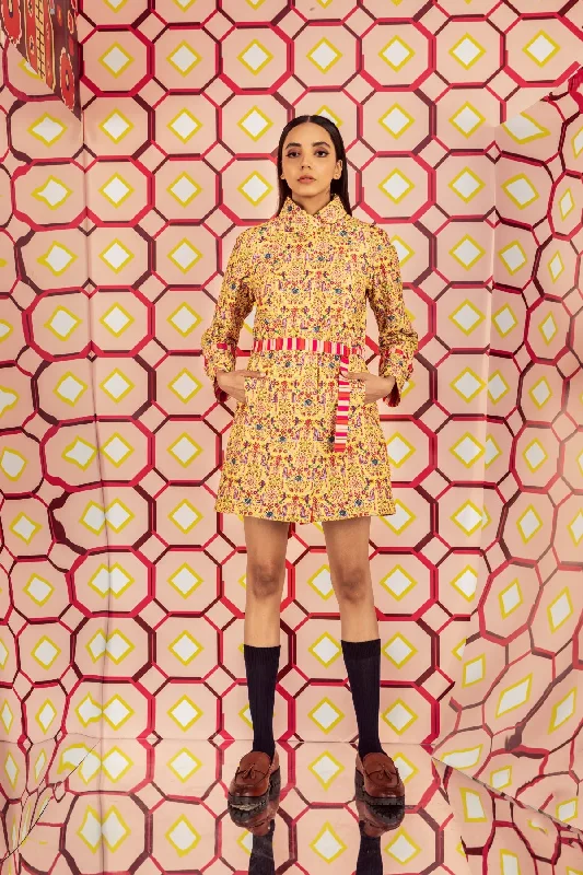 Tabriz Yellow Print Quilted Jacket Dress In Handloom Organic Cotton Silk Mesh Jacket Canvas Jacket Denim Jacket