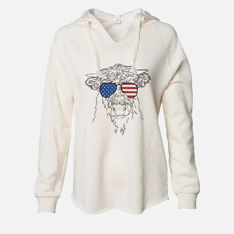 USA Mack the Scottish Highland Cow - Cali Wave Hooded Sweatshirt Hoodie with Mock Neck Collared Structured USA Mack the Scottish Highland Cow - Cali Wave Hooded Sweatshirt Hoodie with Mock Neck Collared Structured