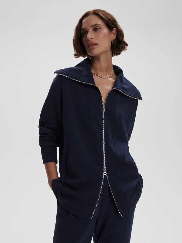 Raleigh Zip Through Sweatshirt  - Navy Hoodie with Belted Waist Structured Tailored