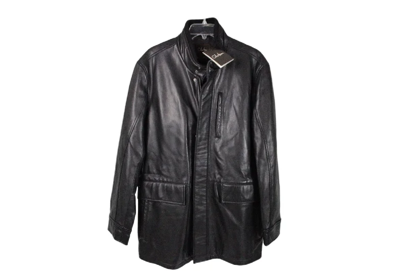 NEW Cole Haan Genuine Smooth Leather Black Coat | M Satin Silk Chiffon