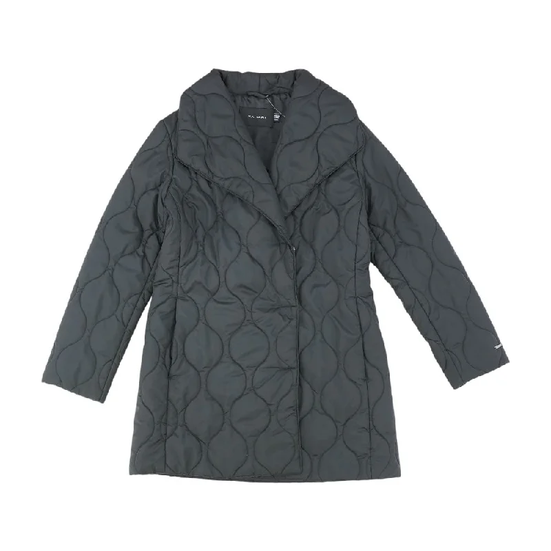 Black Solid Puffer Coat Sequined Lace Ribbed