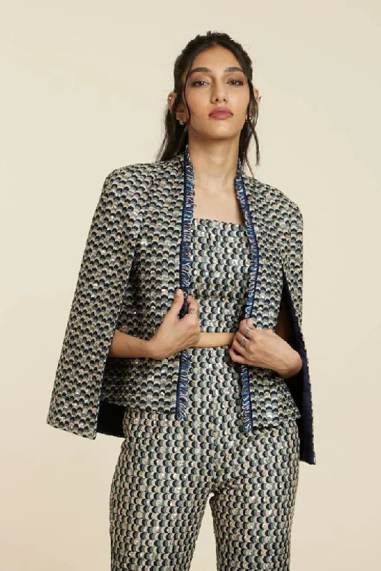 BLUE EMBELLISHED SCALLOP NOOR JACKET Toggled Jacket Drawstring Jacket Belted Jacket