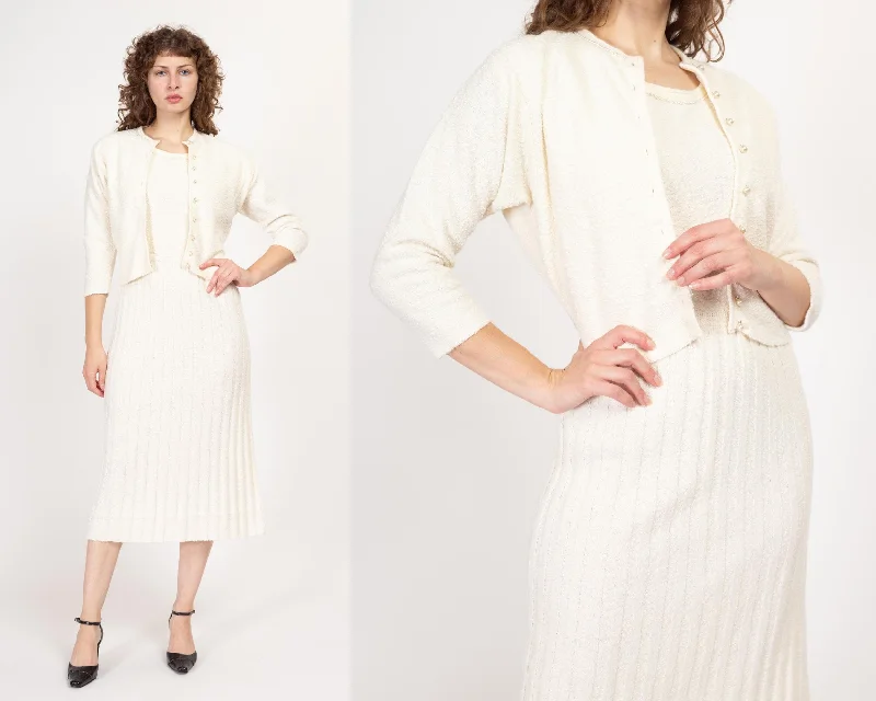 Medium 1950s White Boucle Knit Midi Dress & Cardigan Set Lightweight Heavyweight Midweight