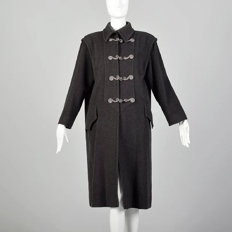 Large Emanuel Ungaro Paralléle 1980s Gray Wool Coat Pleated Ruffled tiered