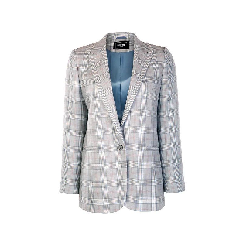 Blue Prince of Wales Wool & Linen Blazer Women's Premium Blazer