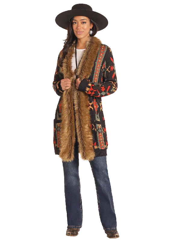 PANHANDLE FUR NECK AZTEC CARDIGAN Silk Blend Satin Velvet