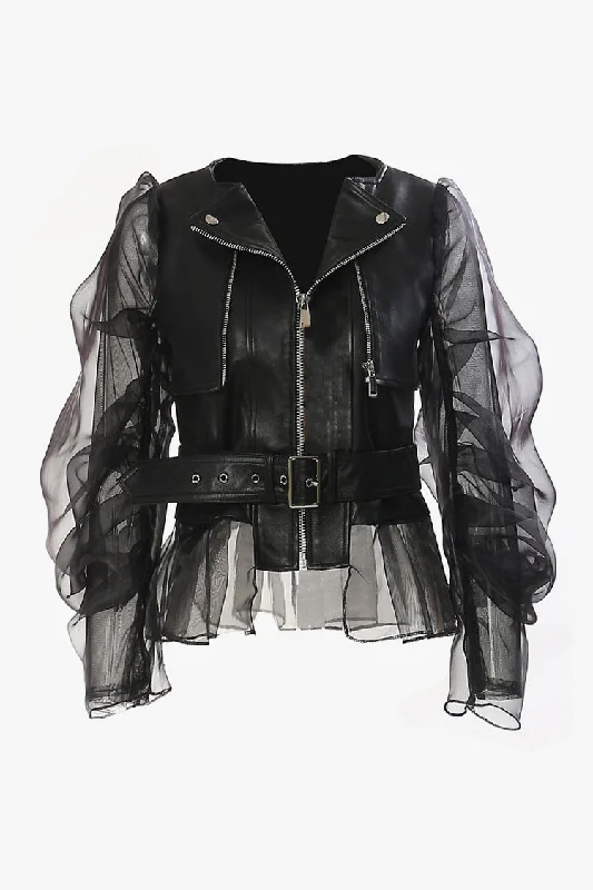 Biker Sheer Organza Sleeve Metallic Zip Up Belted Peplum Leather Jacket Fitted Jacket Loose Jacket Oversized Jacket Biker Sheer Organza Sleeve Metallic Zip Up Belted Peplum Leather Jacket Fitted Jacket Loose Jacket Oversized Jacket
