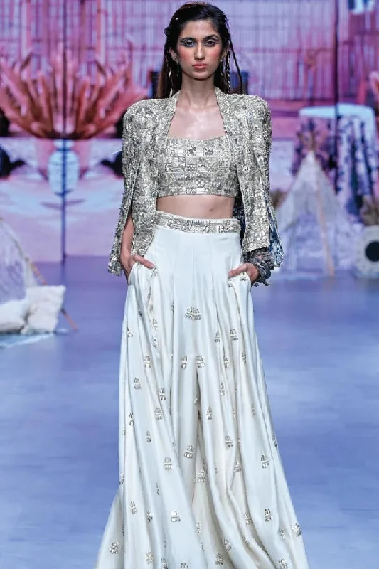 IVORY METALLIC EMBELLISHED NOOR JACKET A-Line Jacket Boat Neck Shawl Collar