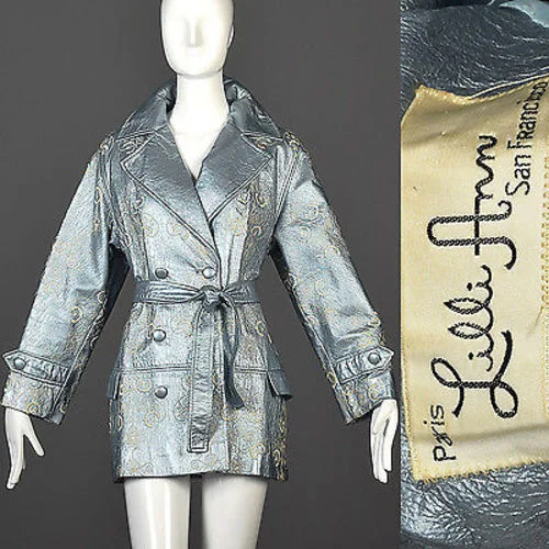 1960s Lilli Ann Metallic Blue Belted Trench Coat Crew Neck V-Neck Boat Neck