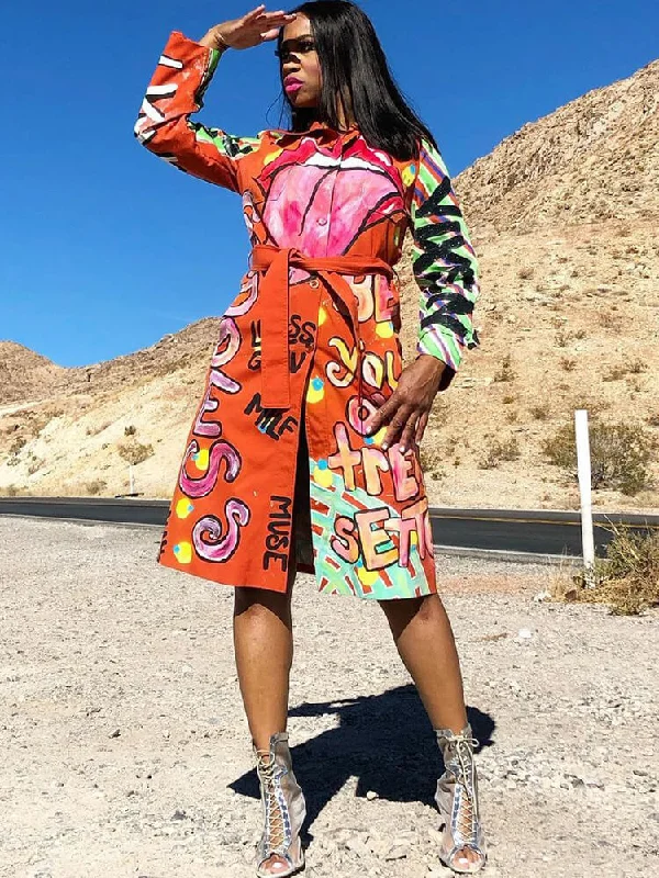 Long Sleeve  Graffiti Button Down Long Coats Hook-and-Loop Buckled Tied