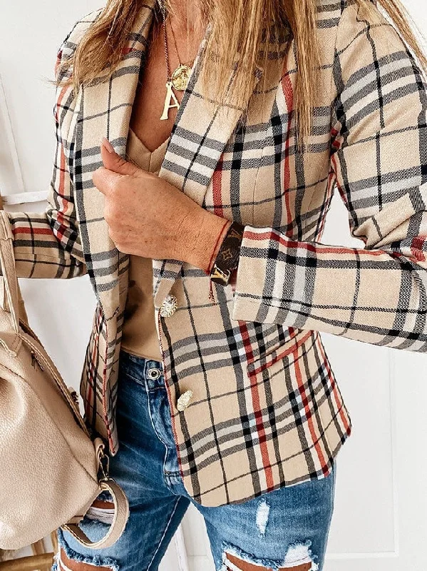 Beige and Brown Plaid Blazer Women's Business Blazer