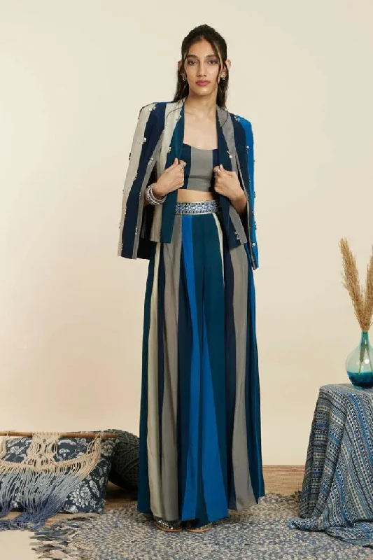 BLUE STRIPE PRINT NOOR JACKET SET Front Pockets Side Pockets Patch Pockets