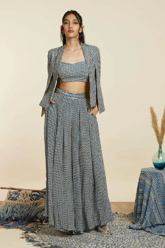 BLUE GEOMETRIC PRINT NOOR JACKET SET One-Shoulder Jacket Off-the-Shoulder Jacket Asymmetrical Jacket BLUE GEOMETRIC PRINT NOOR JACKET SET One-Shoulder Jacket Off-the-Shoulder Jacket Asymmetrical Jacket