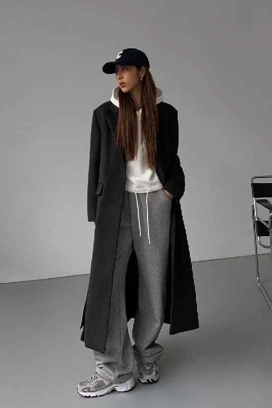 Long Black Woolen Coat Vent Hem Cuff