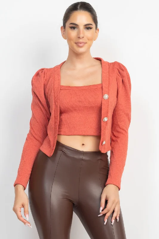 Geometric Cami Puff Sleeves Blazer Top Set Plus Size Women's Coat