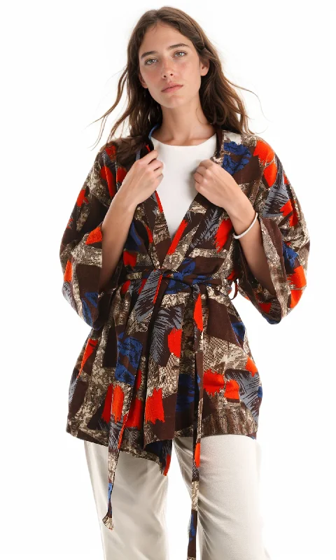 97338 Random Patterned Wide Sleeve Cardigan With Belt - Brown Modern Contemporary chic 97338 Random Patterned Wide Sleeve Cardigan With Belt - Brown Modern Contemporary chic