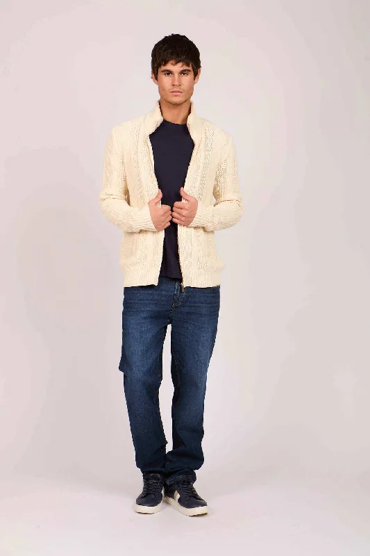 Men Regular Fit Cardigan - Off Off White Ribbed Striped Patterned