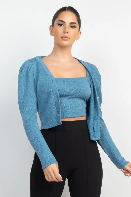 Geometric Cami Puff Sleeves Blazer Top Set Summer Women's Jacket