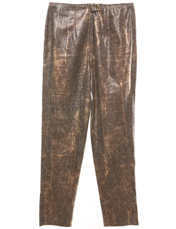 Snakeskin Pattern Brown Faux Leather Tapered Trousers - W34 L29 High Waist Slim Fit Ankle Length