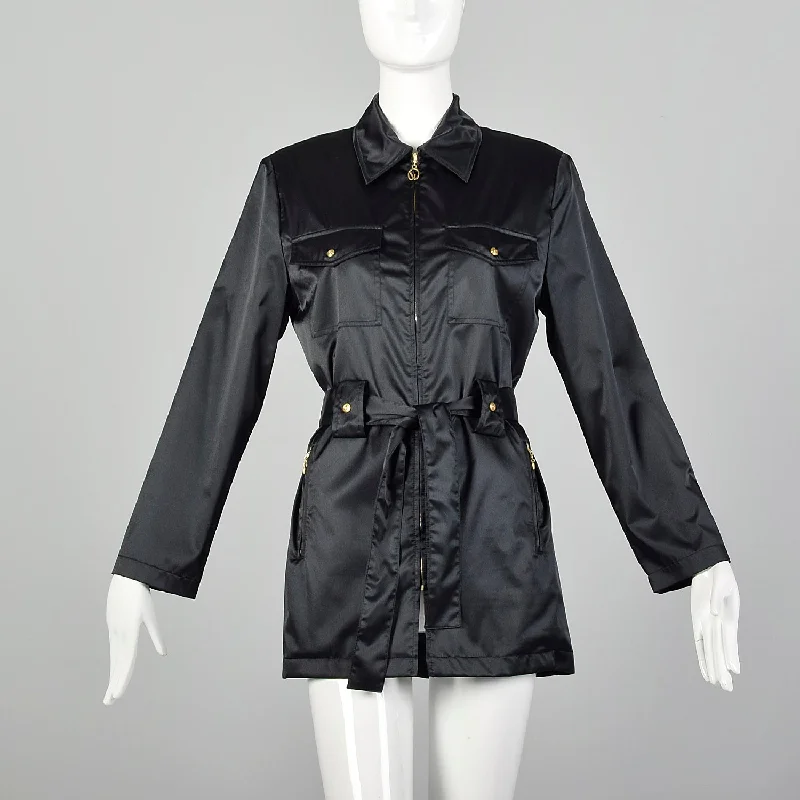 Small St John Sport Black Satin Mini Trench Coat Herringbone Houndstooth Plaid