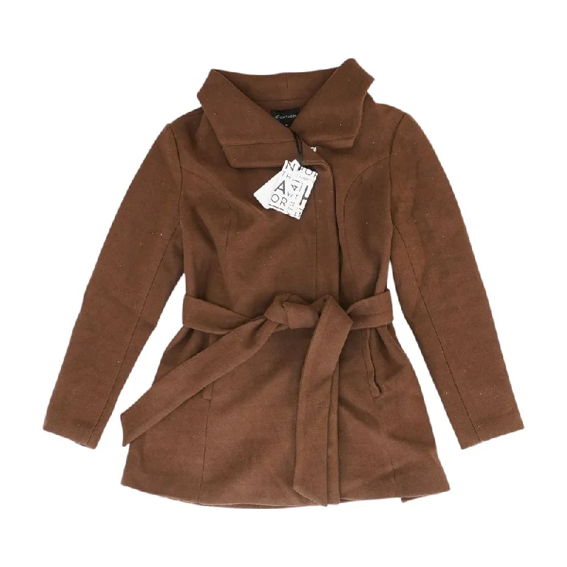 Brown Solid Coat Lapel Coat Peter Pan Collar Coat Cowl Neck Coat