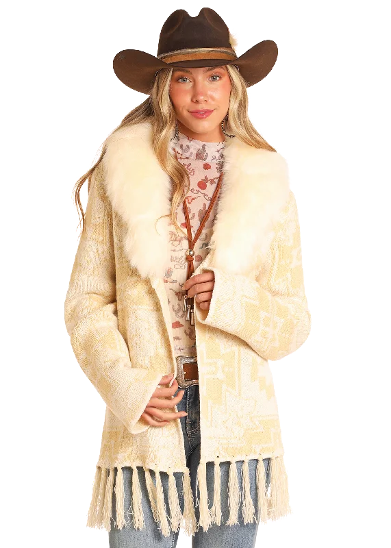 POWDER RIVER OUTFITTERS FRINGE FUR COLLAR CARDIGAN Chenille Brocade Lace