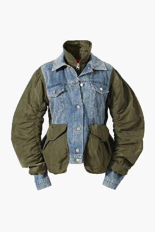Durable Double Collar Cargo Pocket Nylon Hybrid Padded Denim Jacket Toggled Jacket Drawstring Jacket Belted Jacket Durable Double Collar Cargo Pocket Nylon Hybrid Padded Denim Jacket Toggled Jacket Drawstring Jacket Belted Jacket