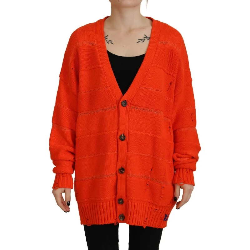 Dsquared² Orange Cotton Knitted Buttoned Cardigan Sweater Patchwork Embroidered Appliqued