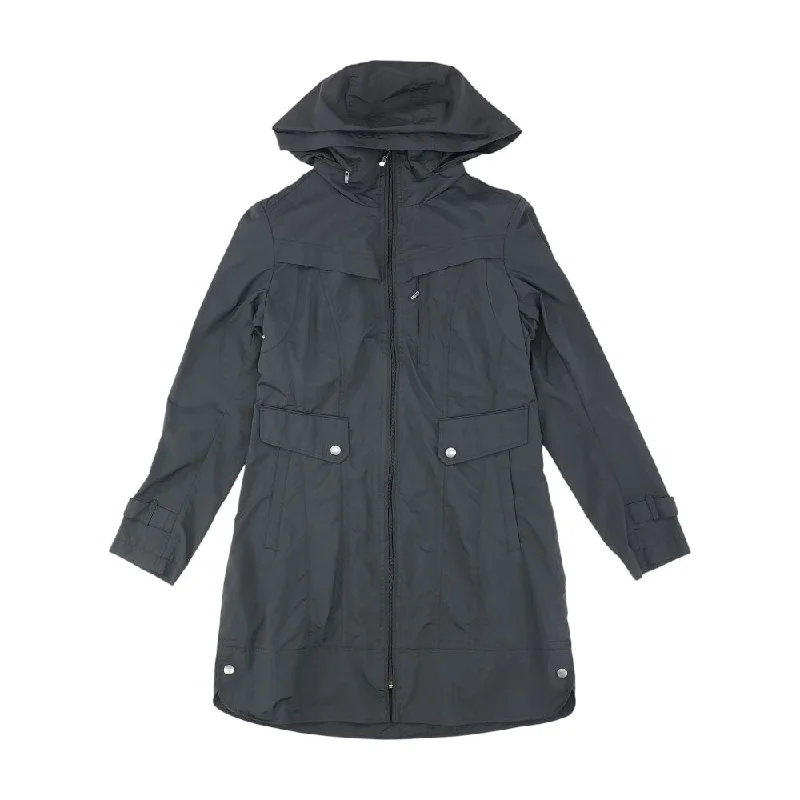 Black Solid Rain Coat Hook-and-Loop Buckled Tied
