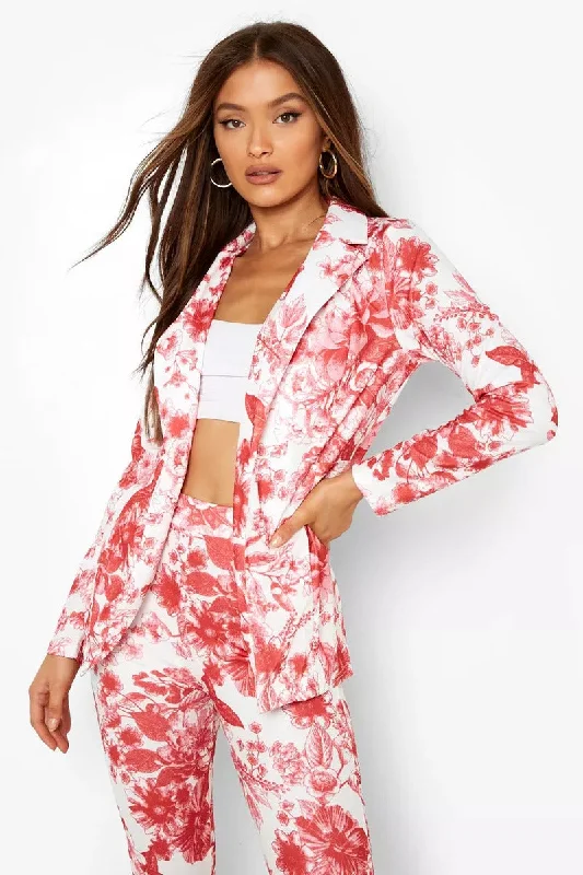 Boohoo Porcelain Red Print Fitted Womens Blazer Women's Elegant Jacket
