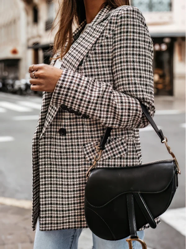 Beige and Black Checkered Blazer Women's Luxury Jacket