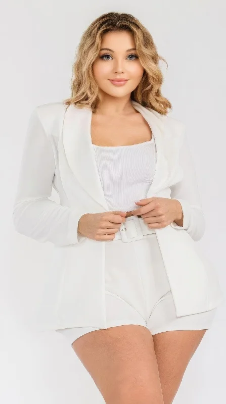 Plus Solid Blazer 2 Piece Belted Short Set High-End Women's Suit