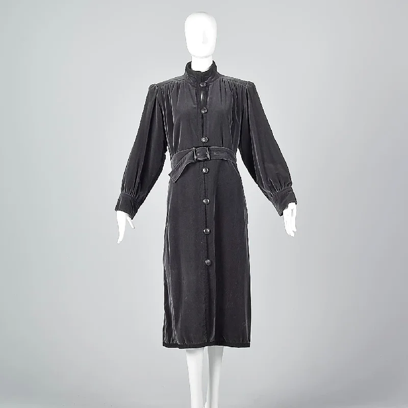 1976 Yves Saint Laurent Russian Collection Gray Velvet Trench Coat Fitted Loose Oversized 1976 Yves Saint Laurent Russian Collection Gray Velvet Trench Coat Fitted Loose Oversized
