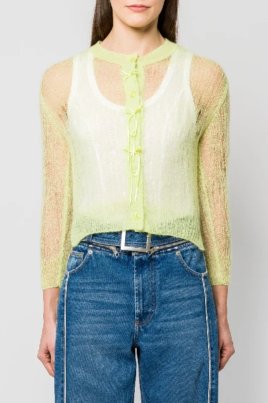 Simone Rocha Cropped Long Sleeve Cardigan with Bow Ribbon Mesh Blend Leather Blend Suede Blend Simone Rocha Cropped Long Sleeve Cardigan with Bow Ribbon Mesh Blend Leather Blend Suede Blend