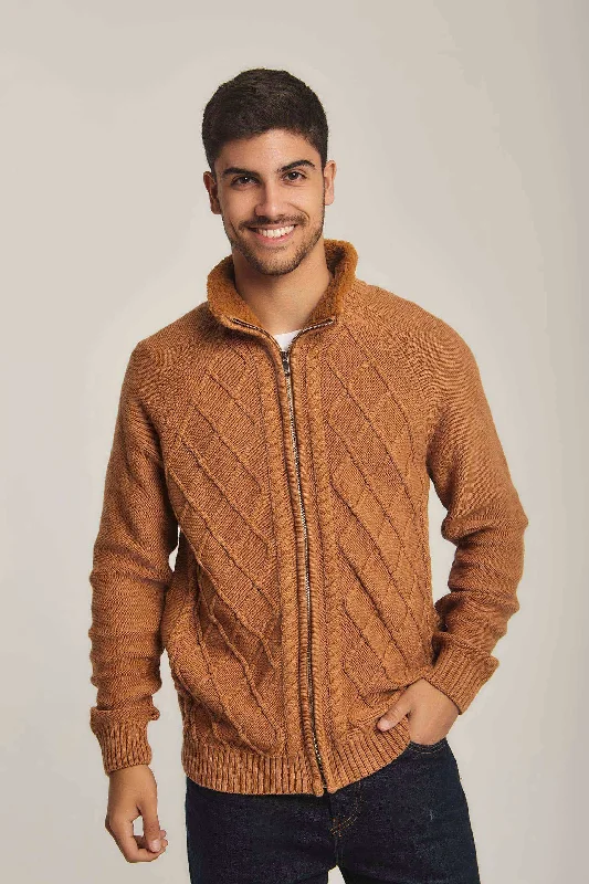 Men Regular Fit Cardigan - Brown Mesh Blend Leather Blend Suede Blend