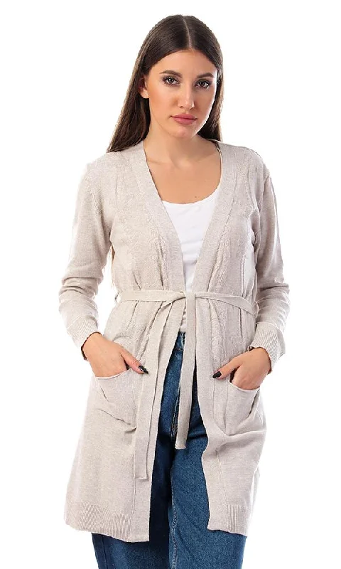 57730 Ribbed Cuffs Open Neckline Cardigan - Beige Casual Formal Business