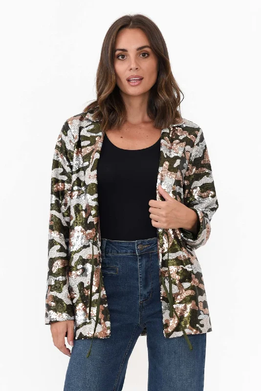 Etienne Khaki Marble Sequin Blazer Women's Simple Blazer