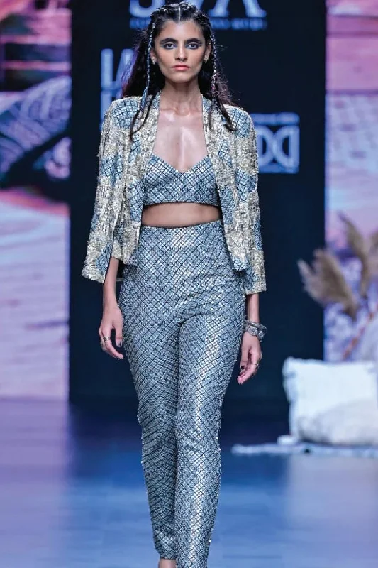 METALLIC NOOR JACKET SET Zippered Front Buttoned Front Snap Front
