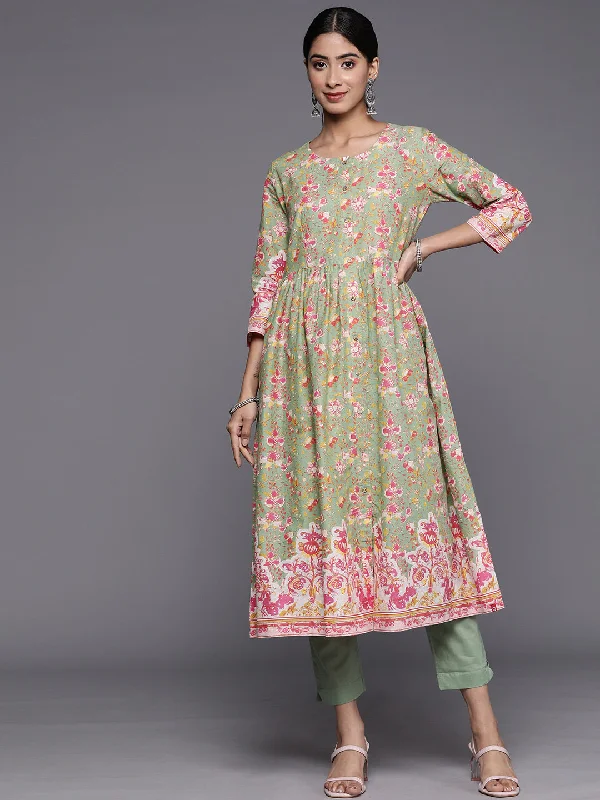 Biba Floral Printed Pure Cotton Anarkali Kurta with Trousers Trousers Party Sparkling
