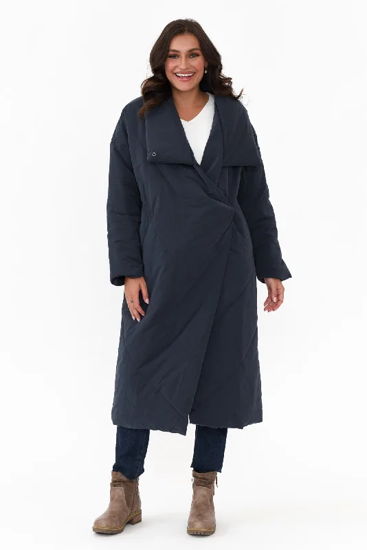 Halle Navy Longline Wrap Coat Suede Faux Fur Shearling