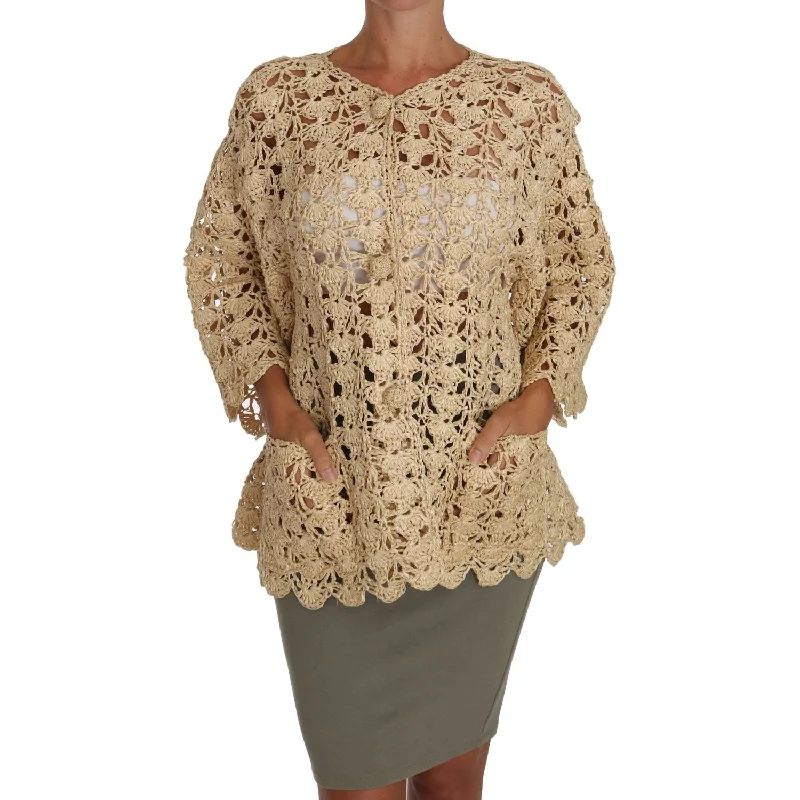 Dolce & Gabbana Chic Beige Crochet Raffia Cardigan Stretchy Elastic Breathable