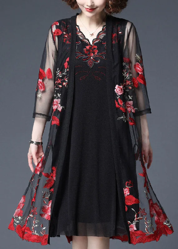 Women Red Floral Embroideried Tulle Cardigans And Tank Dress Two Piece Set Summer Terry Blend Velvet Blend Canvas Blend Women Red Floral Embroideried Tulle Cardigans And Tank Dress Two Piece Set Summer Terry Blend Velvet Blend Canvas Blend