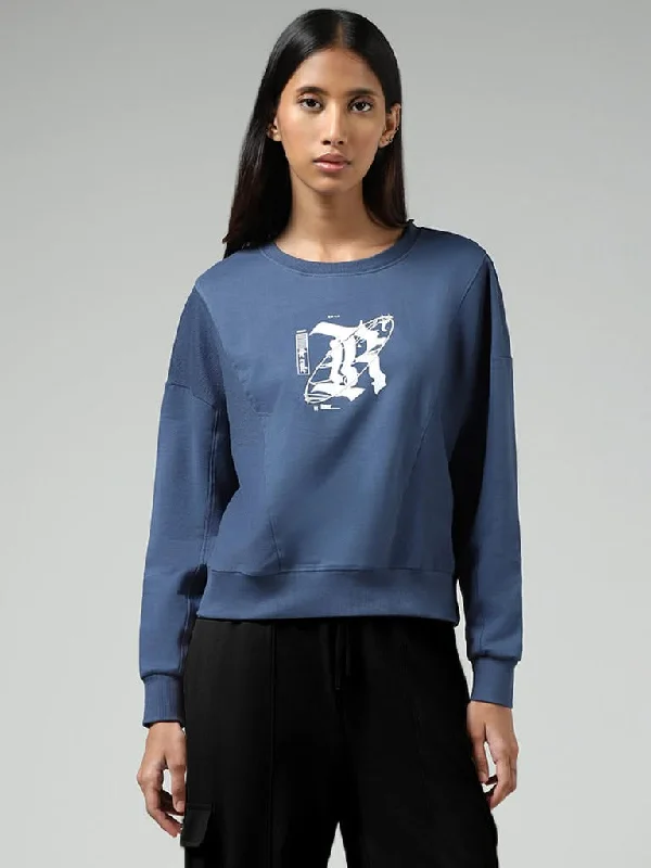 Studiofit Steel Blue Graphic Printed Cotton Blend Sweatshirt Hoodie with Elastic Waist Stretchable Comfortable Studiofit Steel Blue Graphic Printed Cotton Blend Sweatshirt Hoodie with Elastic Waist Stretchable Comfortable