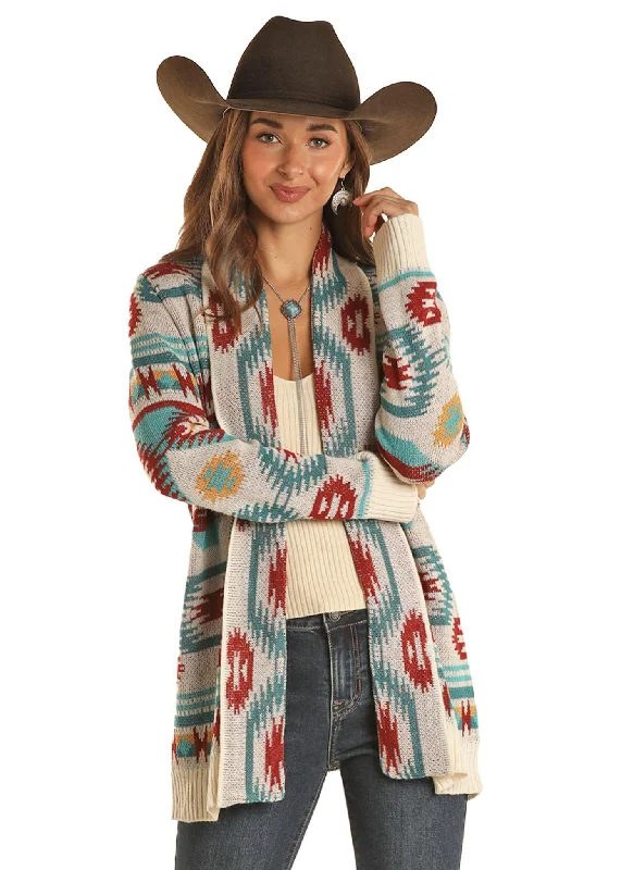 ROCK & ROLL DENIM AZTEC CARDIGAN LIGHT WEIGHT SWEATER Spandex Rayon Corduroy