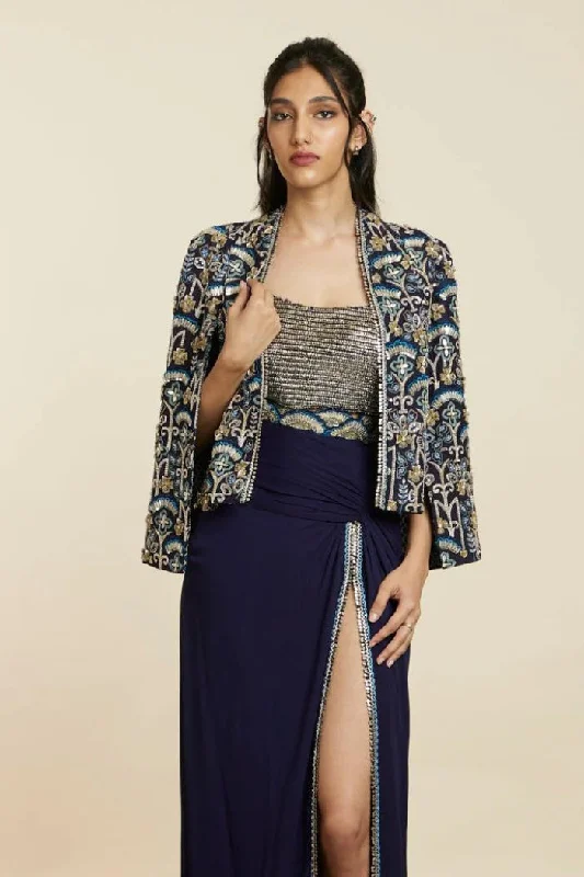 BLUE ART DECO EMBELLISHED NOOR JACKET Trench Coat Raincoat Waterproof Jacket