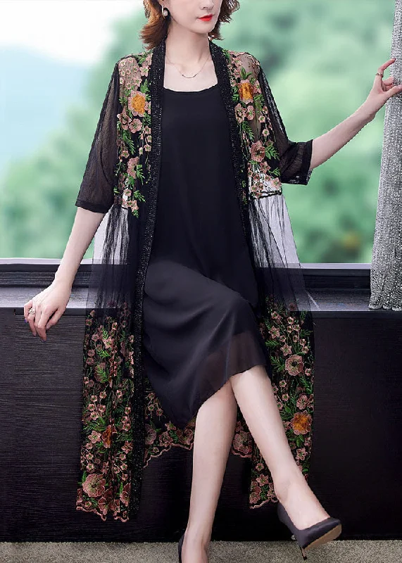 Style Black Embroideried Patchwork False Two Pieces Tulle Cardigans Dresses Summer Cashmere Blend Cotton Blend Poly Blend