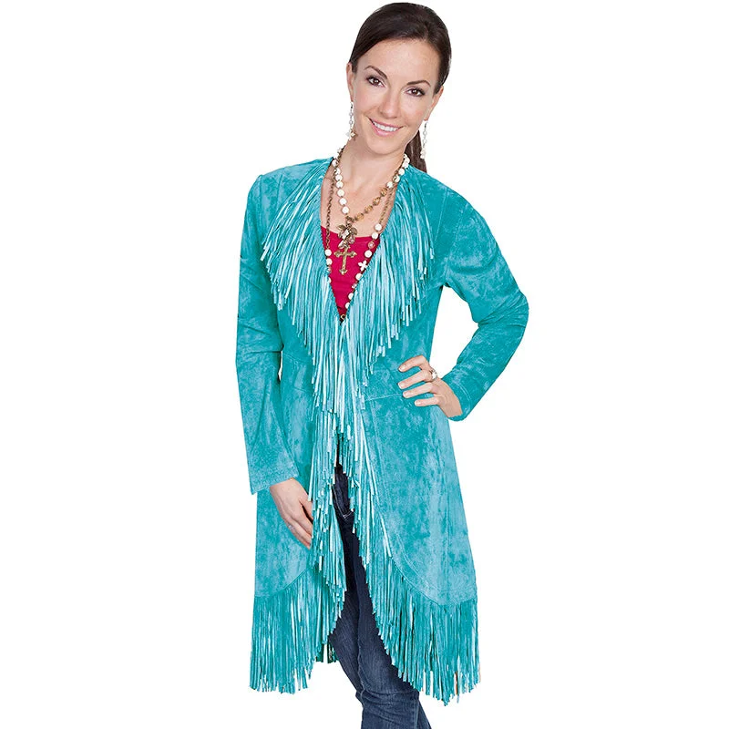 Suede Fringe Maxi Coat Lapel Coat Peter Pan Collar Coat Cowl Neck Coat